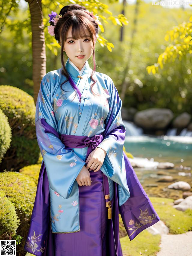 A woman in a blue and purple hanbok standing in front of a pond.